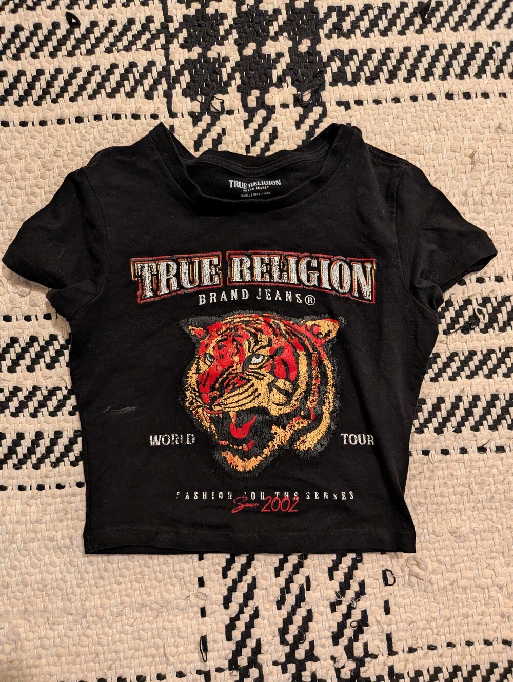 True Religion Black Graphic Crop Tee with Red and Gold Tiger